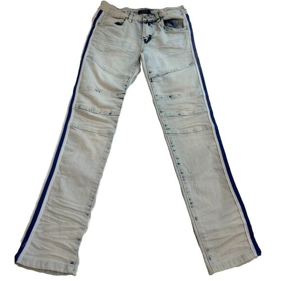 OPS Boys Size 10 Biker Jeans Bleached Blue Side Tape Excellent Adjustable Waist - Picture 1 of 4